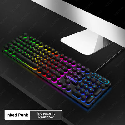 Retro Gaming Keyboard 104 Keys, LED Backlit Round Keycaps Ergonomic Wired Illuminated USB Keyboard Keyboard for PC Office PC Lap