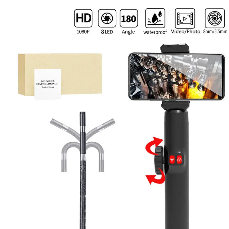 1080P car automatic maintenance hole endoscope 6MM 180 degree steering inspection camera with 8 LED portable tools IP67