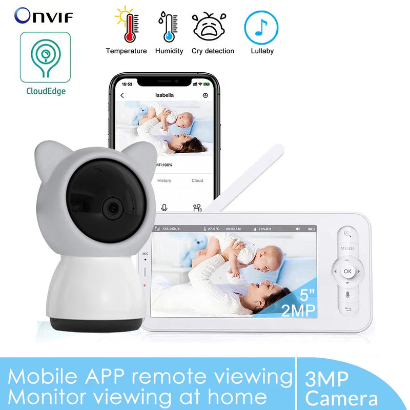 5" 3MP Baby Monitor Babyphone Wireles Security Video Camera Bebe Nanny VOX HD Night Vision PTZ Lullabies Temperature Humidity