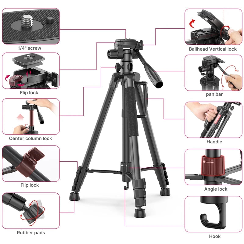 Ulanzi VT-01 1.8m Aluminum Alloy Tripod For Camera and Phone Five Section Center Column Monopod For Sony Canon Photography Stand