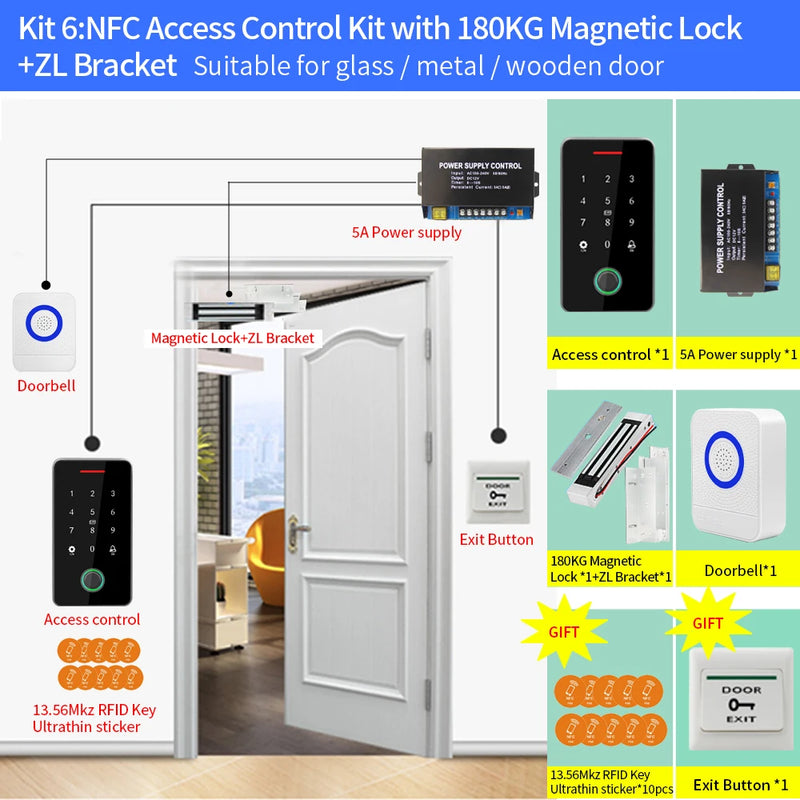 IP67 Waterproof Outdoor Access Control Keypad Sets with power supply control door Kits Fingerprint Bluetooth NFC Opener System