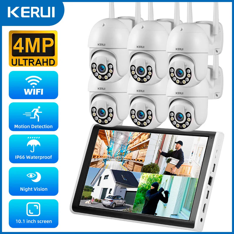 KERUI 4MP HD H.265 PTZ WIFI IP Camera 8CH Wireless 10.1-inch LCD Monitor NVR Kit Home Security Camera System Video Surveillance