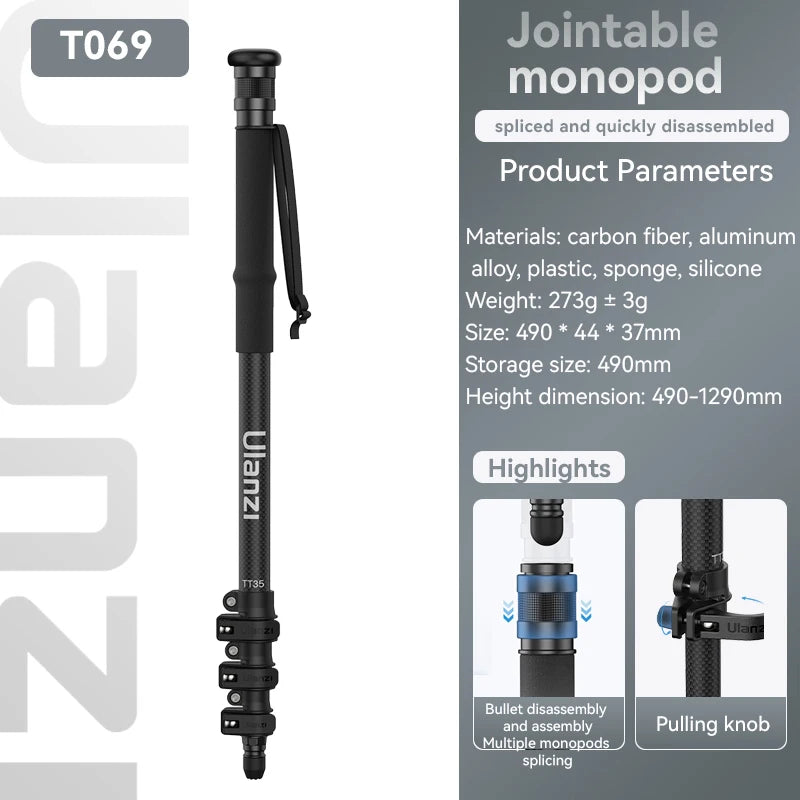 Ulanzi Professional TT35 Tripod Stand for Phone Camera Sony Canon Nikon Fujim iPhone Samsung Carbon Fibre Monopod Selfie Stick