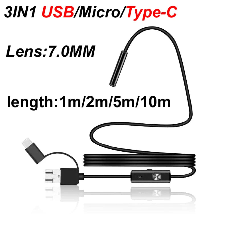 3IN1 USB/Micro/Type-C Lens 7mm Android Industrial Endoscope Camera IP67 Waterproof 6LEDs Adjustable Inspection piping 1m/2m/5m