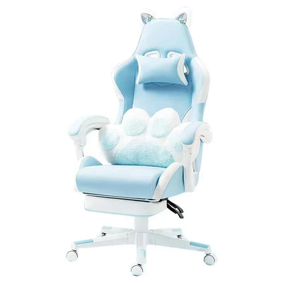 Pink Gaming Chair With Cat Paw Lumbar Cushion and Cat Ears Computer Armchair Reclining PC Game Chair for Girl Kids Teen Gamer