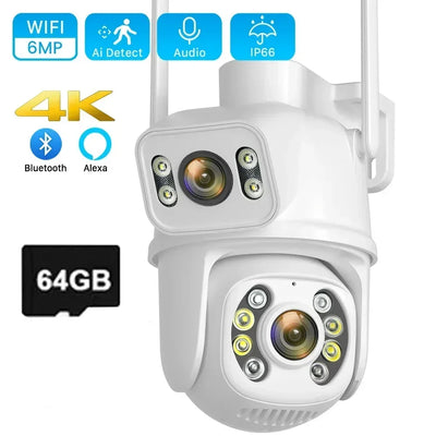 6MP 4K WiFi Camera Dual Lens Dual Screen Outdoor Waterproof And Security Video Surveillance Camera Alarm Light IP Camera