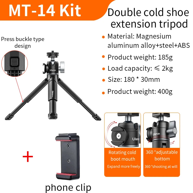 Ulanzi U-Vlog Lite Extendable Phone Camera Tripod with 360° Ballhead 1/4 Screw Portable Vlog Kit Light Desktop Tripods For Phone