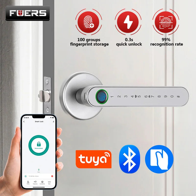 FUERS Tuya Smart Fingerprint Door Lock Handle With Fingerprint Password Bluetooth Key Swipe Card Remote Unlock Four Ways To Open