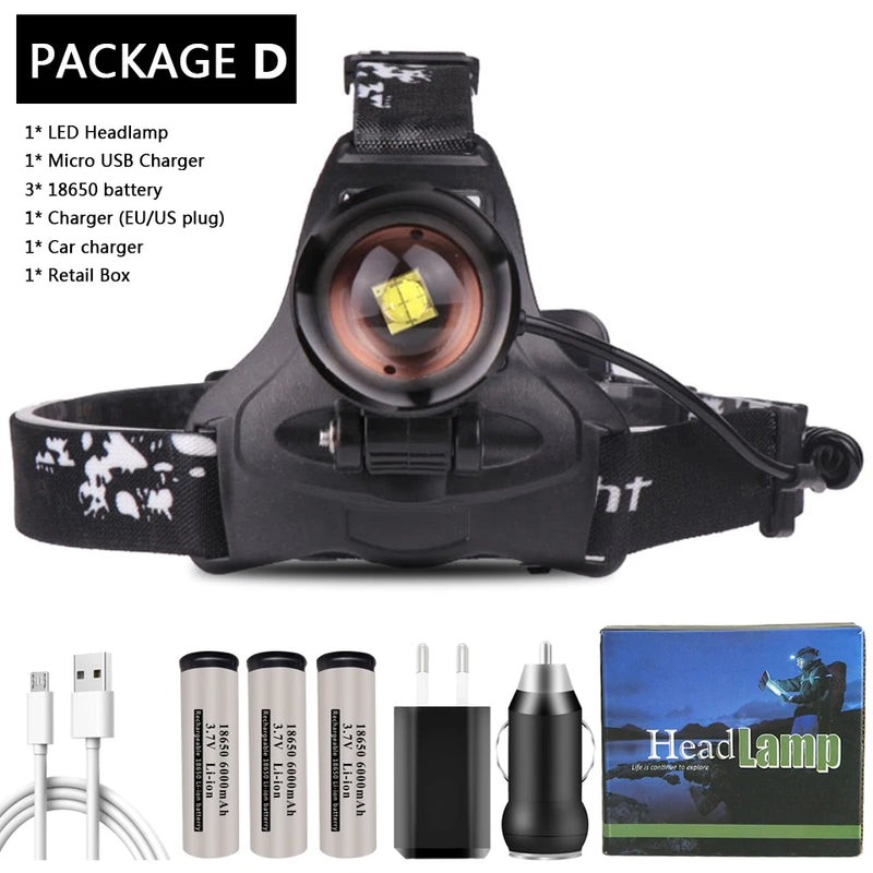 Led Headlamp XHP100 9-Core Zoomable Headlight Waterproof Powerbank USB Rechargeable 18650 Battery Head Flashlight Lamp