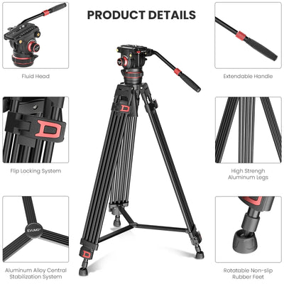 74'' Video Tripod Metal Heavy Duty Professional Tripod for Camera Camcorder Fluid Video Head Pan Tilt Damping Max Load 22lb/10kg