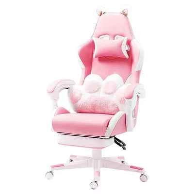 Pink Gaming Chair With Cat Paw Lumbar Cushion and Cat Ears Computer Armchair Reclining PC Game Chair for Girl Kids Teen Gamer