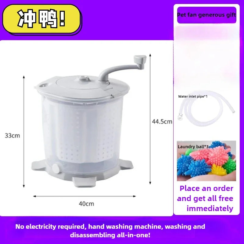 Hand-cranked power-free washing machine with integrated washing and drying for portable student dormitory