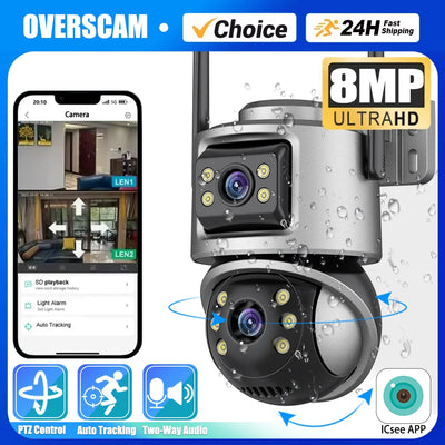 8MP Wifi PTZ Cameras Outdoor 4K Dual Lens Dual Screen Auto Tracking IP Camera CCTV Two-Way Audio Video Surveillance P2P ICsee/XM