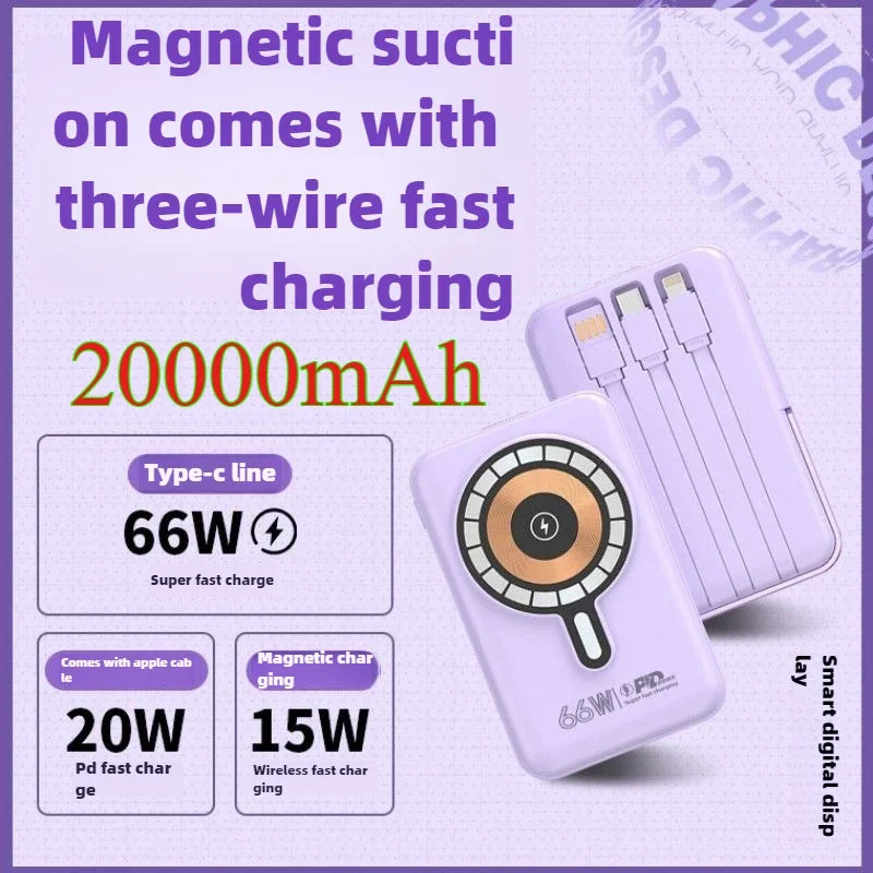 Super Fast Charging 66W Wireless Magnetic Power Bank with 20000mAh Built-in Cable and Large Capacity Suitable for Huawei Android