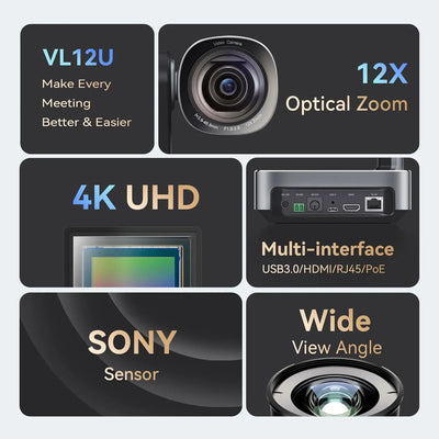 4K PTZ Conference Camera 8MP HDMI 12x Zoom USB3.0 IP Live Streaming Camera POE Support for Church Worship Education OBS VMix