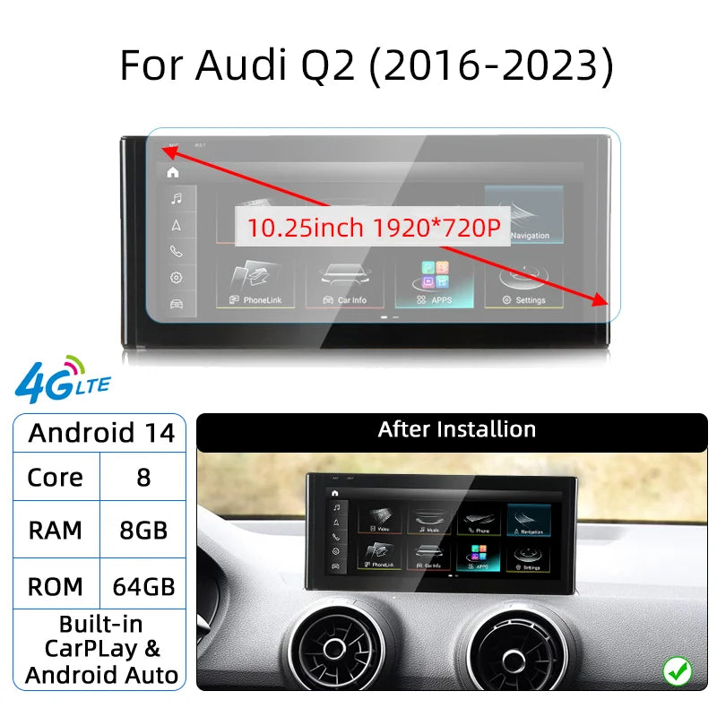 Android 14 Auto Radio CarPlay For Audi A1 Q2 2010-2023 GPS Car Multimedia Player Navi Stereo DSP WIFI SIM BT IPS Touch Screen