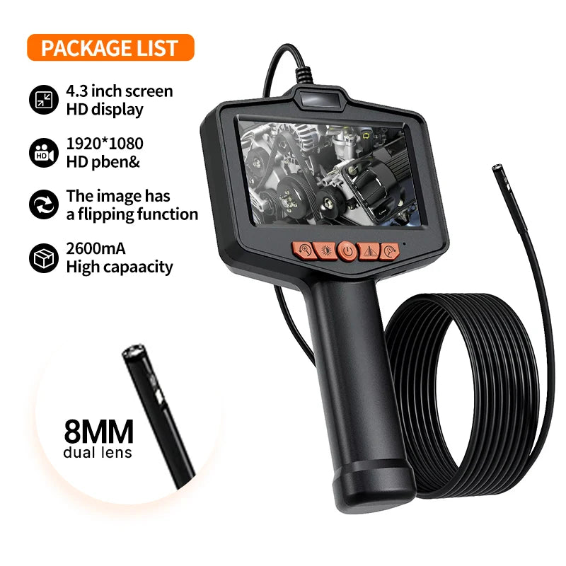 Industrial Endoscope HD Camera 4.3 Screen 200W Single Dual Lens With LED Light Car Inspection Borescope  Waterproof Sewer Camera