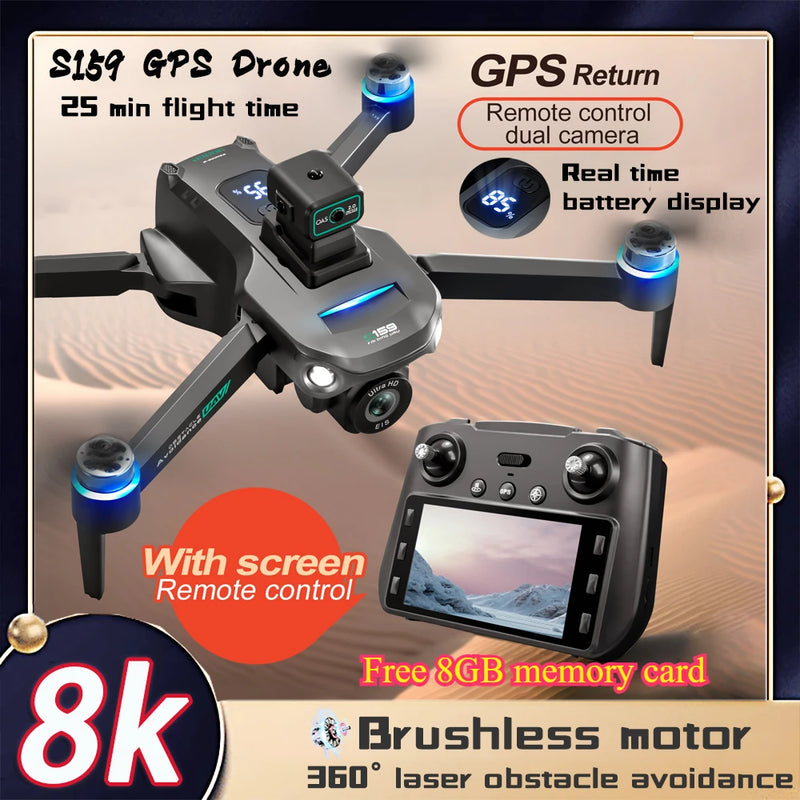 S159 Mini Drone GPS 8K Professional WIFI FPV Dron and 8K Camera 5G Picture Transmission with Screen Remote Control RC Quadcopter