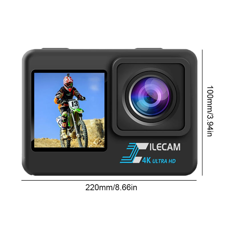 4K UHD Action Camera Dual Screen Display 2.0 Inch IPS Screen Outdoor Sport Cam 120 Wide Angle Underwater Camera 30M Waterproof