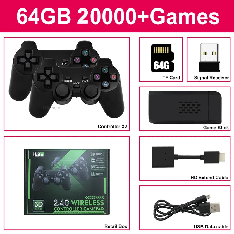 Video Game Console Built-in 20000+ Games Retro Handheld Game Player 64G 4K TV Game Stick 2.4G Wireless Controller Gamepad