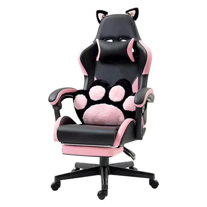 Pink Gaming Chair With Cat Paw Lumbar Cushion and Cat Ears Computer Armchair Reclining PC Game Chair for Girl Kids Teen Gamer