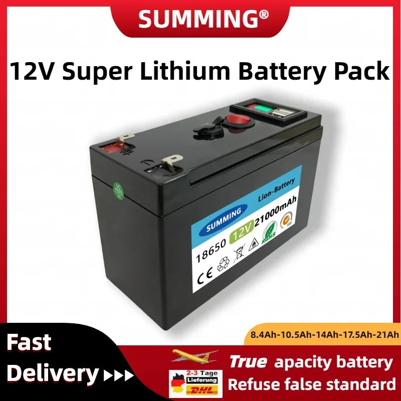 2025 New Rechargeable 18650 Lithium Battery 12V 210Ah NUMMING Battery Built-in 5V 2.1A USB Android Apple Port 12.6V 3A Charger