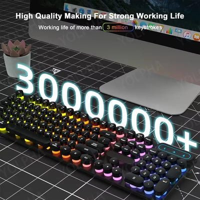 Retro Gaming Keyboard 104 Keys, LED Backlit Round Keycaps Ergonomic Wired Illuminated USB Keyboard Keyboard for PC Office PC Lap