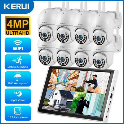 KERUI 4MP HD H.265 PTZ WIFI IP Camera 8CH Wireless 10.1-inch LCD Monitor NVR Kit Home Security Camera System Video Surveillance