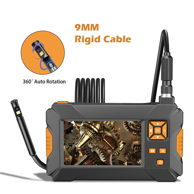 360 Degree Steering Industrial Endoscope Camera 360° Auto Rotation Dual Lens 4.3'' IPS Screen Inspection Borescope 9 LEDs 32GB