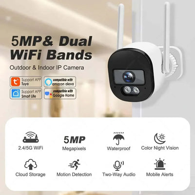 Tuya 5MP Bullet Camera 2.4G 5G Dual Band Wifi Security CCTV Camera Voice Talk Outdoor Night Vision AI Surveillance Support Onvif