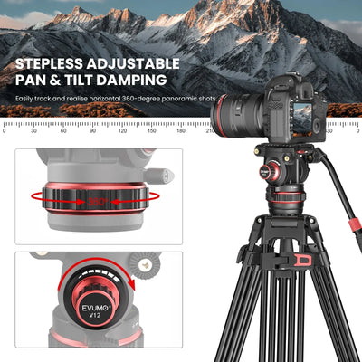 74'' Video Tripod Metal Heavy Duty Professional Tripod for Camera Camcorder Fluid Video Head Pan Tilt Damping Max Load 22lb/10kg