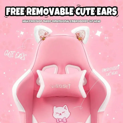 Pink Gaming Chair With Cat Paw Lumbar Cushion and Cat Ears Computer Armchair Reclining PC Game Chair for Girl Kids Teen Gamer