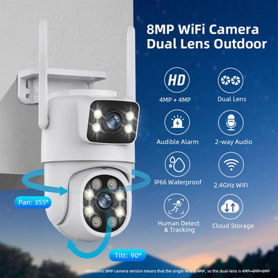 4K 8MP Dual Lens WIFI Camera PTZ HD Dual Screen Ai Human Auto Tracking Outdoor Security Video Surveillance IP Camera CCTV mini