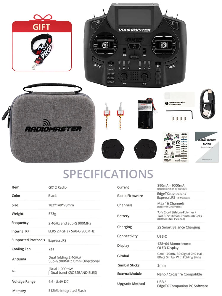 RadioMaster GX12 Radio Controller Hall Gimbal Dual Band Antenna Gemini 2.4G ELRS Transmitter EdgeTX ExpressLRS RC FPV Drone