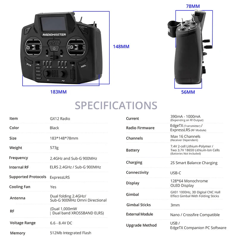 RadioMaster GX12 Radio Controller Hall Gimbal Dual Band Antenna Gemini 2.4G ELRS Transmitter EdgeTX ExpressLRS RC FPV Drone