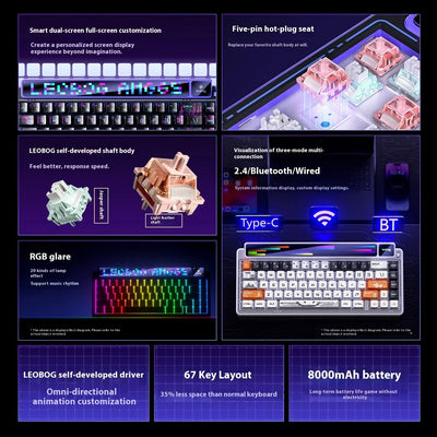 LEOBOG AMG65 Mechanical Keyboards RGB Hot Swap TFT LED Screen Wireless Tri Mode Custom Gaming Keyboard PC E-Sports Accessories