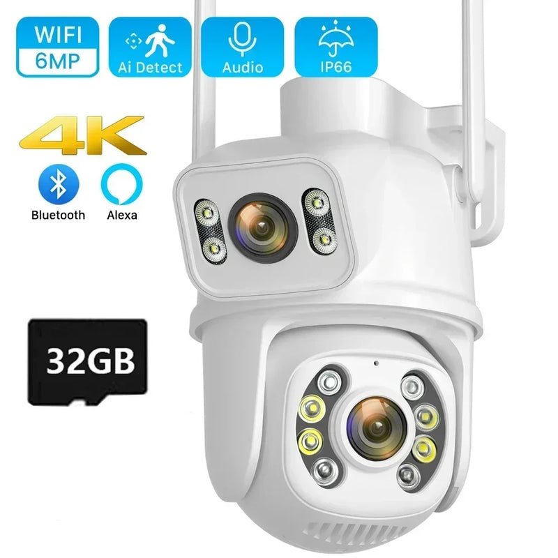 6MP 4K WiFi Camera Dual Lens Dual Screen Outdoor Waterproof And Security Video Surveillance Camera Alarm Light IP Camera