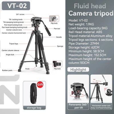 Ulanzi VT-01 1.8m Aluminum Alloy Tripod For Camera and Phone Five Section Center Column Monopod For Sony Canon Photography Stand