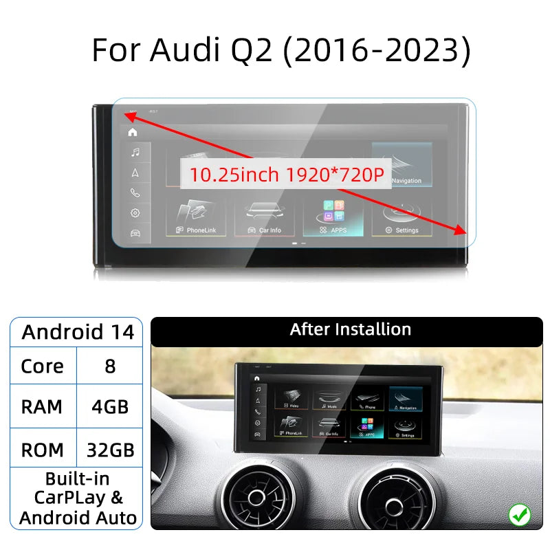 Android 14 Auto Radio CarPlay For Audi A1 Q2 2010-2023 GPS Car Multimedia Player Navi Stereo DSP WIFI SIM BT IPS Touch Screen