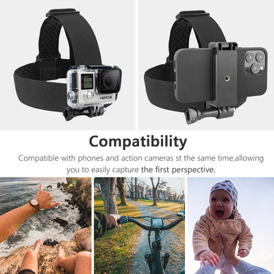 Vamson Head Strap Adjustable Universal Mobile Phone Clip Fix Mount for Gopro Hero 10 9 8 7 6 5 for iPhone Xiaomi Samsung Huawei