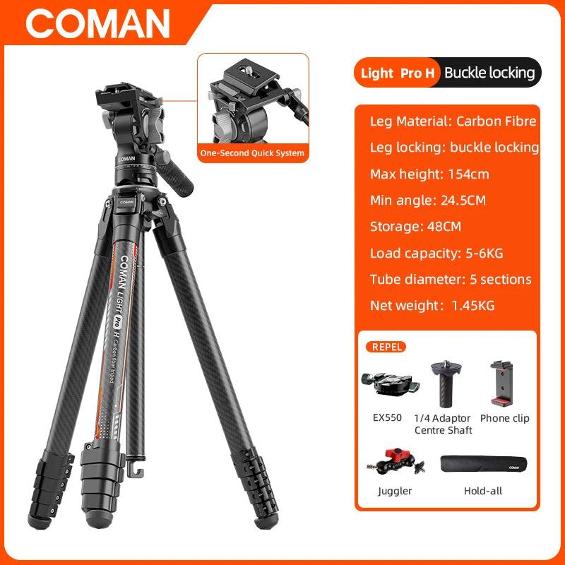 COMAN Light Pro H Carbon Travel Removable Trekking Poles Monopod Tripod Stand For DSLR Camera With DJl Quick Release Plate