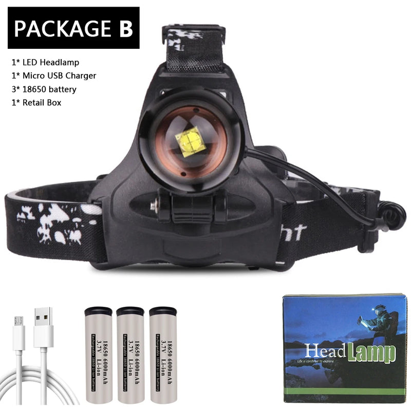 Led Headlamp XHP100 9-Core Zoomable Headlight Waterproof Powerbank USB Rechargeable 18650 Battery Head Flashlight Lamp