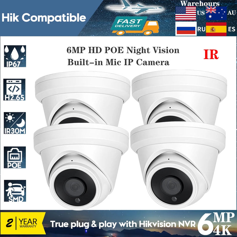 Hikvision Compatible 6MP POE Mini Camera with Night Vision and Wide Angle 2.8mm lens Built in Mic Human Vehcile Detection