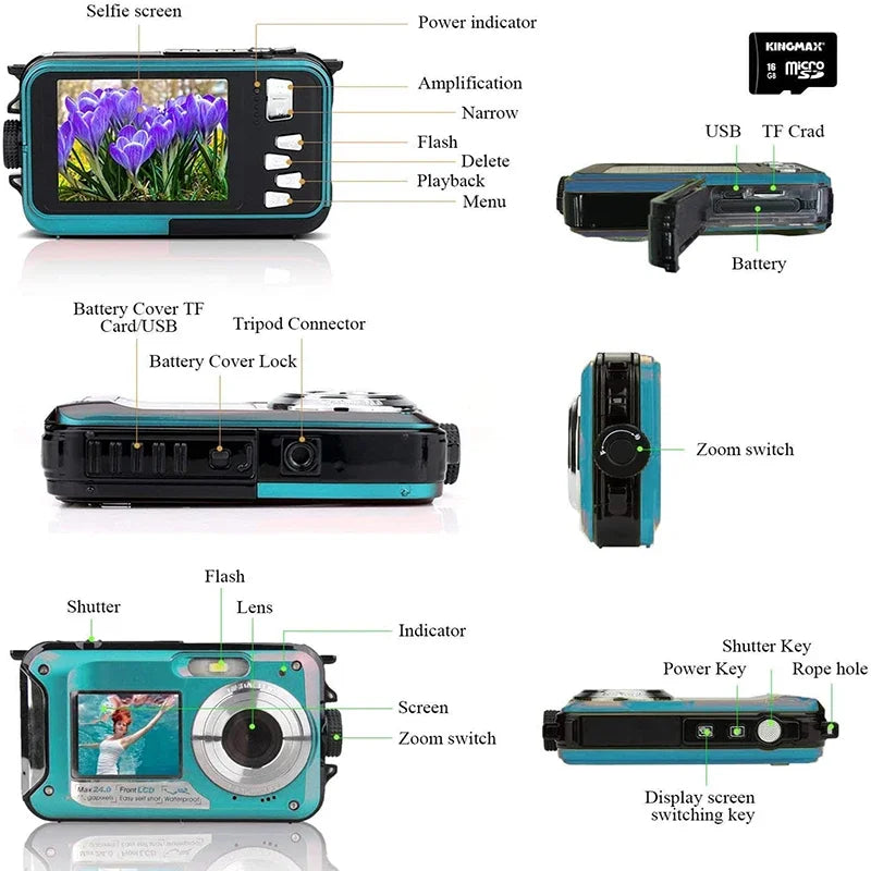 Action Camera Ultra 1080PHD 60fps 24MP Waterproof Camera Shockproof Underwater Camera 2.7inch Recording Cameras Sport Camera