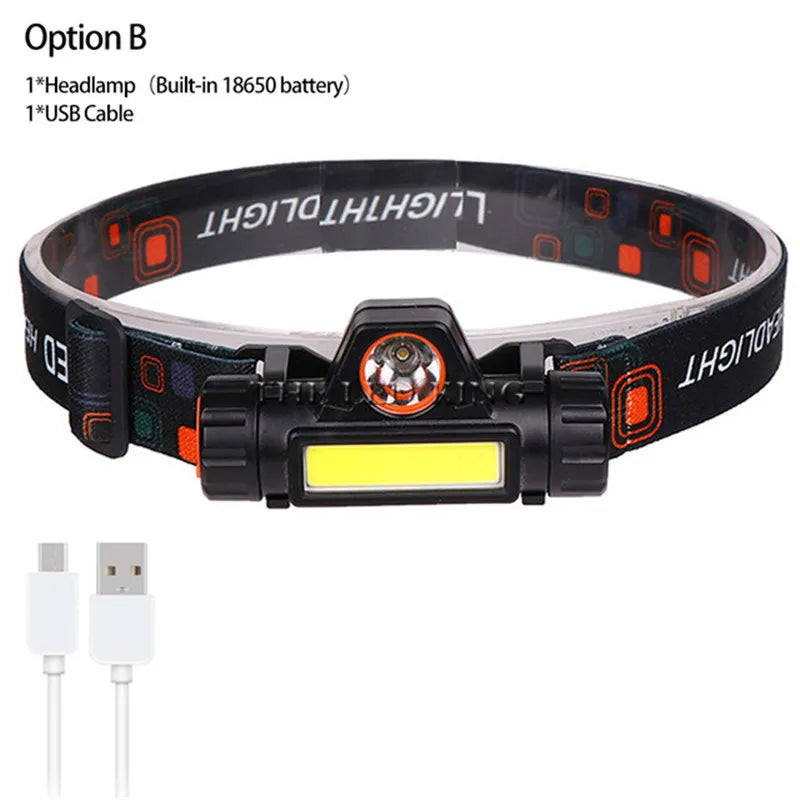 Portable Built-in Battery Camping Powerful LED Headlamp COB USB Rechargeable Headlight Waterproof Head Torch Head Lamp Lantern