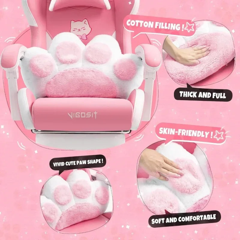 Pink Gaming Chair With Cat Paw Lumbar Cushion and Cat Ears Computer Armchair Reclining PC Game Chair for Girl Kids Teen Gamer