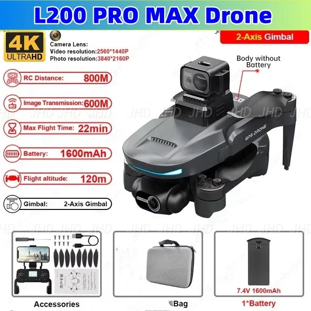 JHD L200 PRO MAX Drone GPS Brushless Motor 4K HD Profesional Quadcopter 2-Axis Gimbal 360° Obstacle Avoidance Drone L200PRO Max