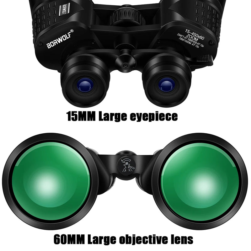 Borwolf Large Objective lens 15-450X60 Binoculars  FMC Optical  High Power Hunting Birdwatching Telescope Light night vision