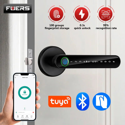 FUERS Tuya Smart Fingerprint Door Lock Handle With Fingerprint Password Bluetooth Key Swipe Card Remote Unlock Four Ways To Open