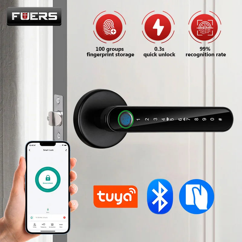 FUERS Tuya Smart Fingerprint Door Lock Handle With Fingerprint Password Bluetooth Key Swipe Card Remote Unlock Four Ways To Open